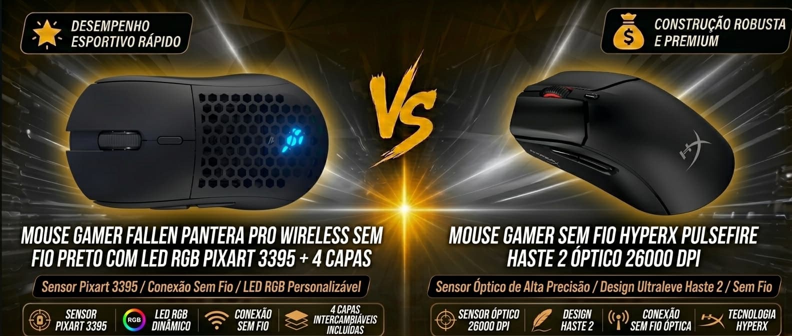 Fallen Pantera Pro Wireless vs HyperX Pulsefire Haste 2: Qual mouse gamer sem fio vale mais a pena?
