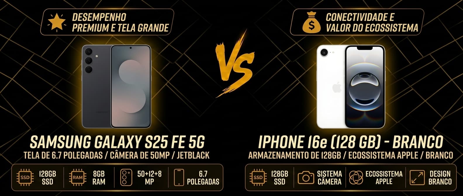 Samsung Galaxy S25 FE vs iPhone 16e: Qual celular vale mais a pena?